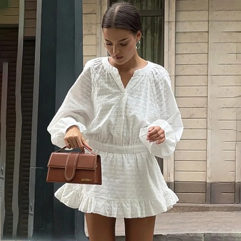 Glorol - O Neck Long Sleeve Pleated A-line Mini Dress