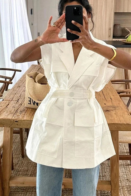 Glorol - Sleeveless Belted Loose Button Top