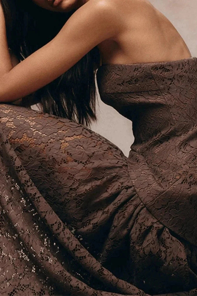 Glorol - Hollow Out Off-Shoulder Lace Pleated High Waist Maxi Dress