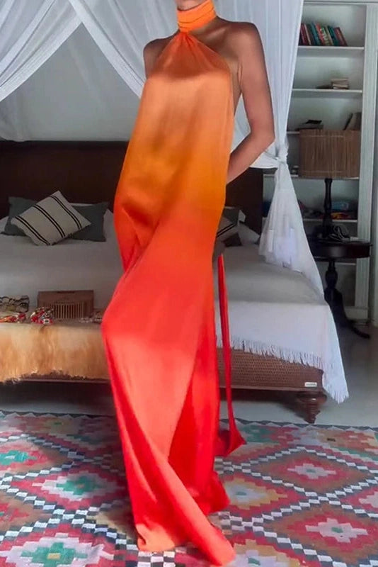 Glorol - Hollow Sleeveless Slim Printed Backless High Waist Maxi Dress