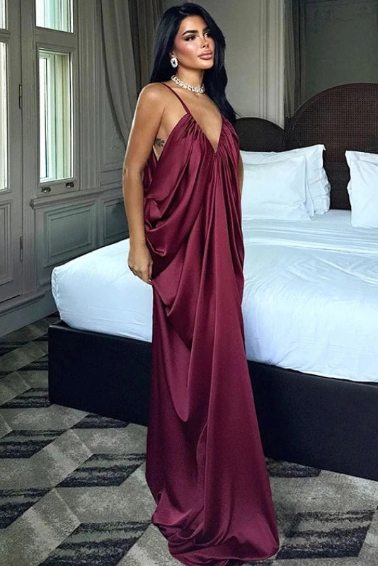 Glorol - Elegant V-Neck Loose Backless Maxi Dress