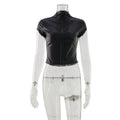 Glorol - PU Leather Single-Breasted Slim Short-Sleeve Top