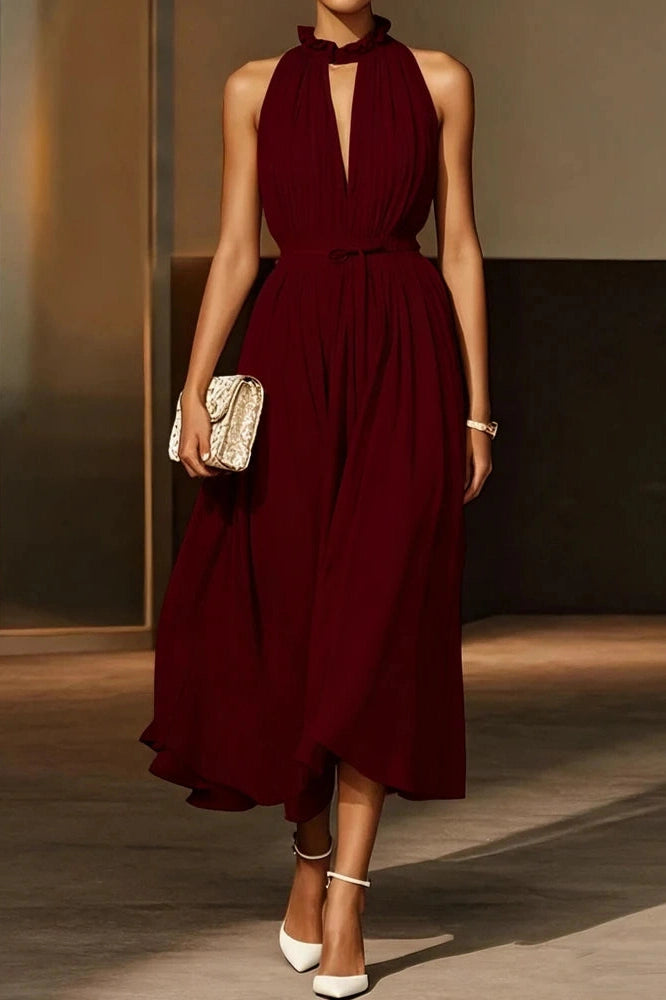 Glorol - Elegant Off-Shoulder Sleeveless High Waist Backless Pleated Midi Dress