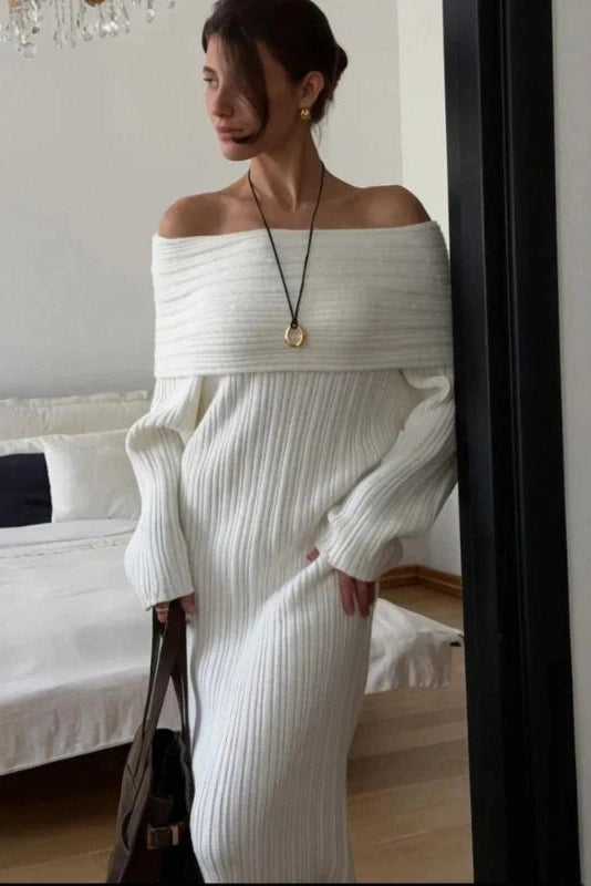 Glorol - Knitted Off-Shoulder Long-Sleeved Slim High Waist Backless Maxi Dress