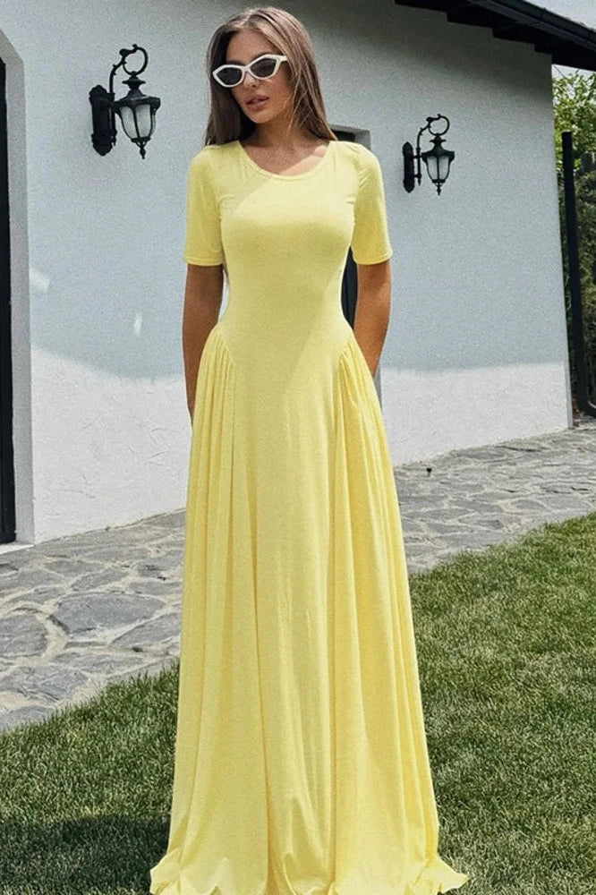 Glorol - Short Sleeve O Neck High Waist Pleated Maxi Dress