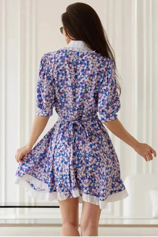 Glorol - Short Sleeves Printed High-Waisted Mini Dress
