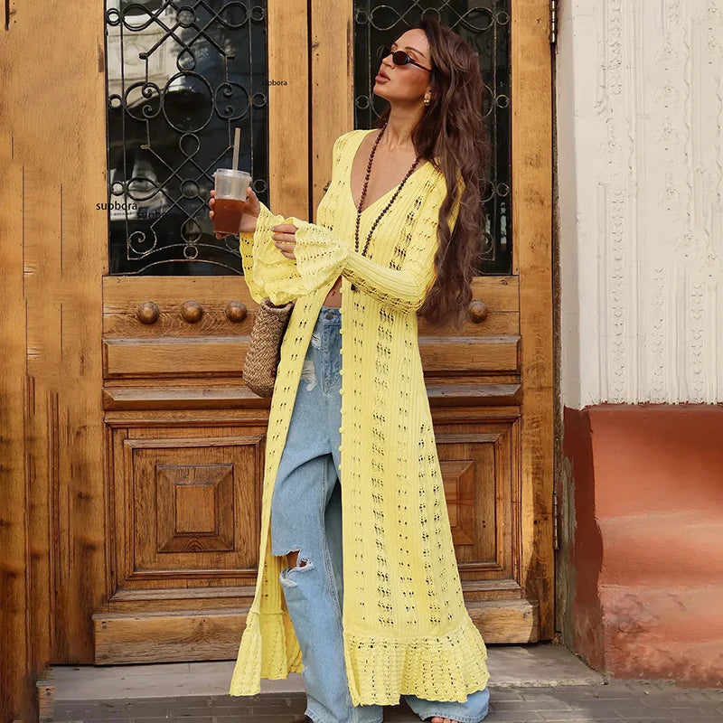 Glorol - Hollow Knitted Long Sleeve Maxi Dress