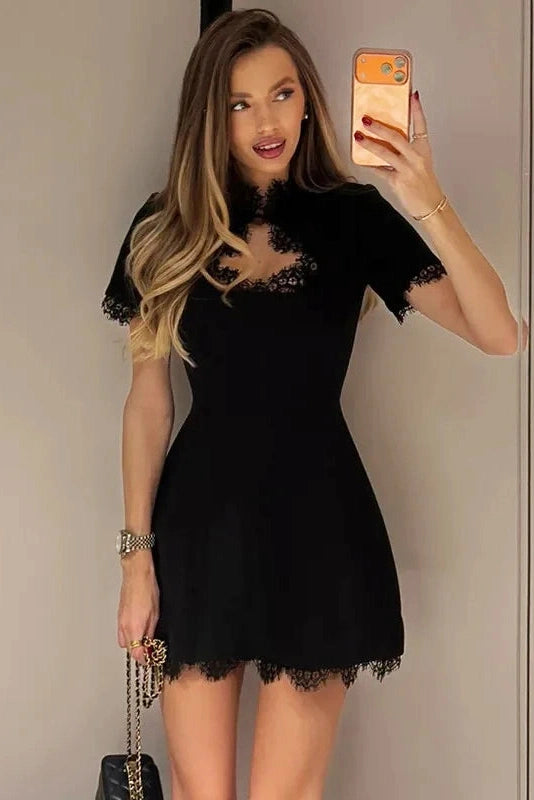 Glorol - Lace Slim High Waist Short Sleeves Mini Dress