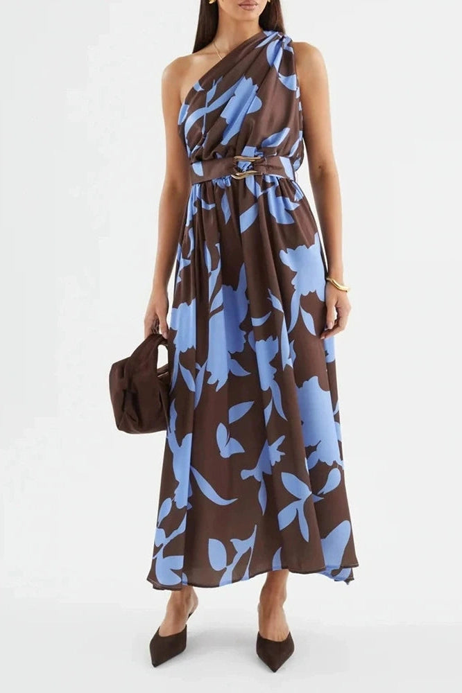 Glorol - One Shoulder High Waist Pleated Sleeveless Maxi Dress