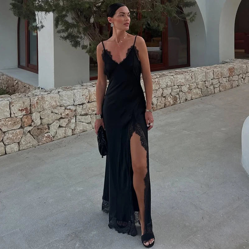 Glorol - Lace Sleeveless Spaghetti Strap Bodycon Maxi Dress