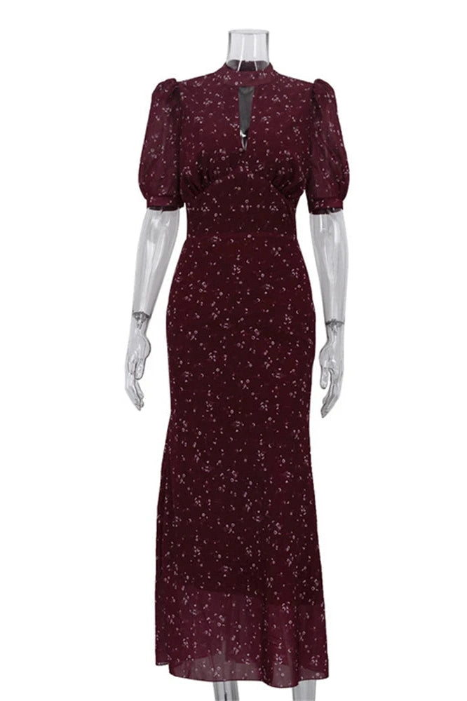 Glorol - Printed V-Neck Short Sleeve High Waist Maxi Dress