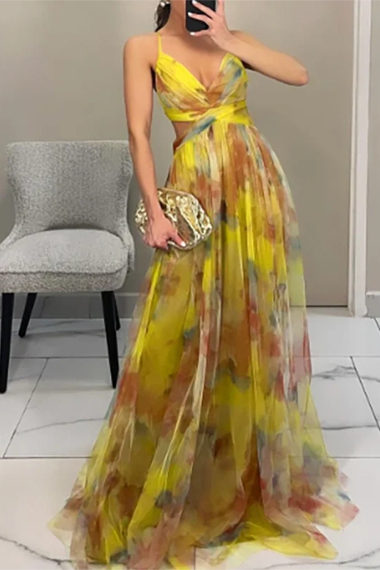 Glorol - Elegant Print Pleated V Neck High Waist Backless Maxi Dress