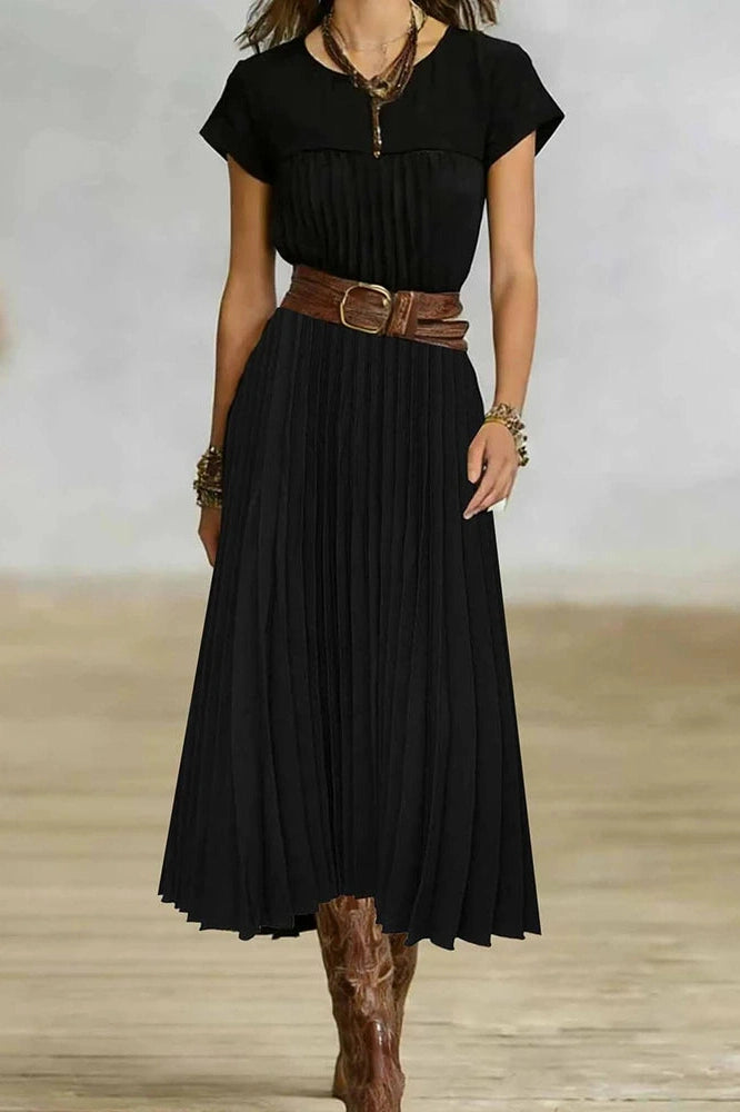 Glorol - O-Neck Short Sleeve Pleated Loose High Waist Midi Dress