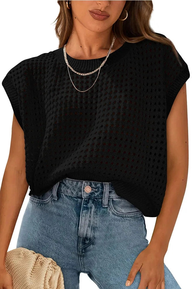 Glorol - Hollow Out O-Neck Loose Knitted Top