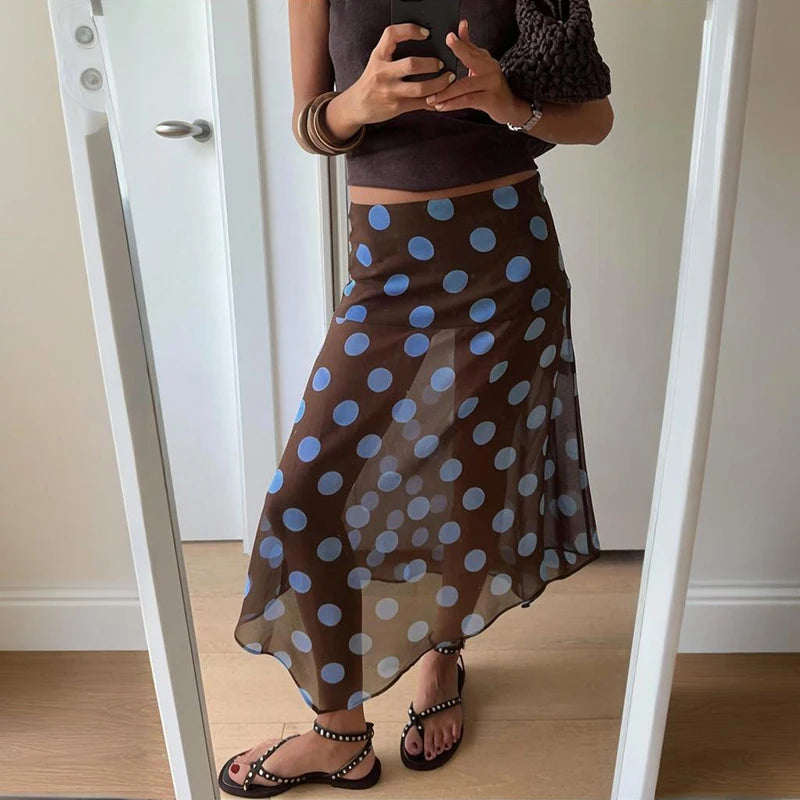 Glorol - High Waist Irregular Polka Dot Mesh Skirt