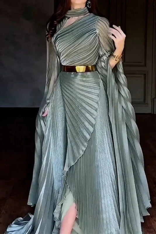 Glorol - Elegant Hollow Out Printed Slit Sleeve High Waist Maxi Dress