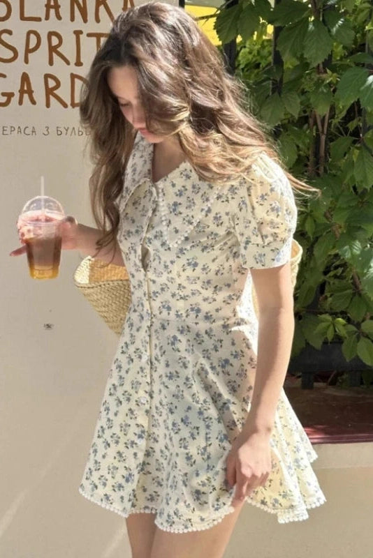 Glorol - Elegant Floral Short-Sleeved Slim Single-Breasted Mini Dress