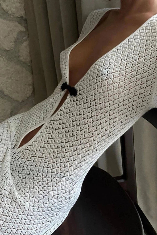 Glorol - Hollow Out Loose Long Sleeve V-Neck Maxi Dress