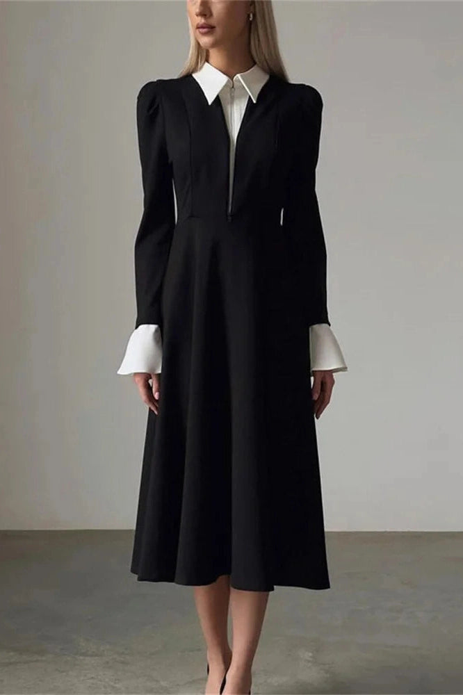 Glorol - Patchwork Zipper High Waist Long Sleeve Midi Dress