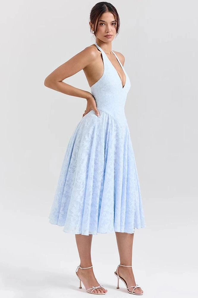 Glorol - Deep V Neck Sleeveless Backless A-line Midi Dress