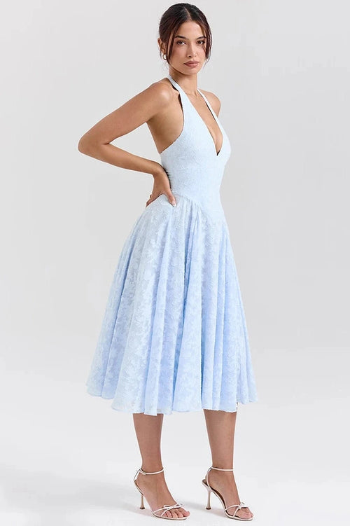 Glorol - Deep V Neck Sleeveless Backless A-line Midi Dress