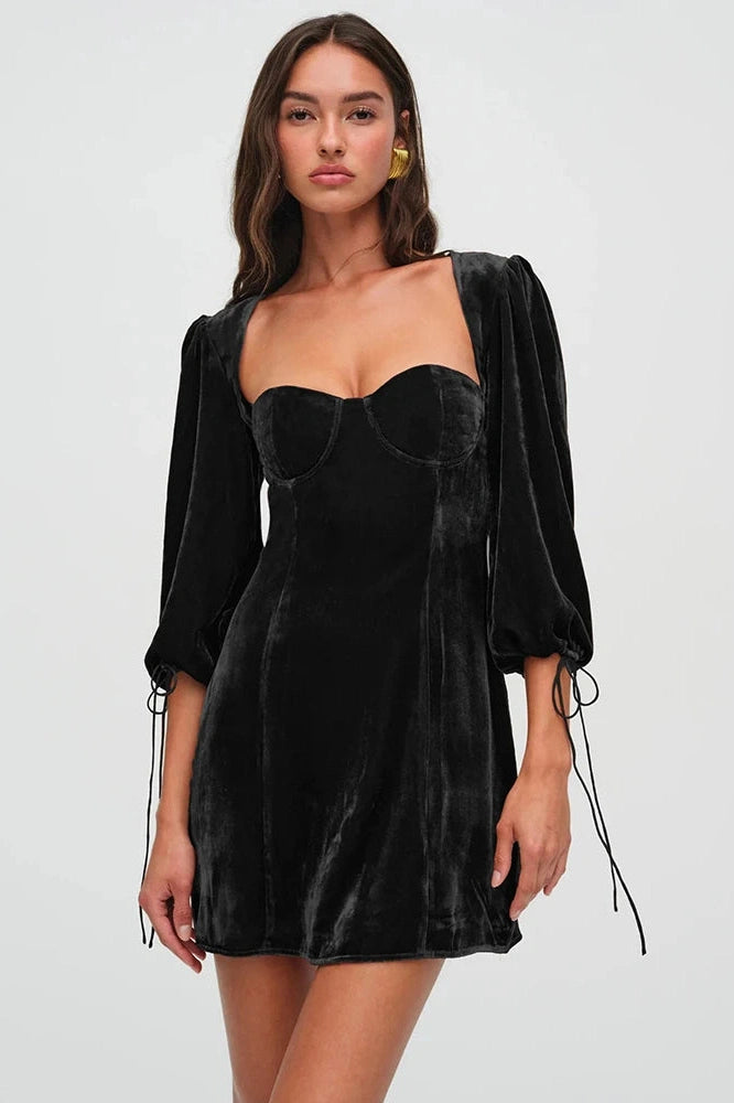 Glorol - Elegant Square Collar Half Sleeve Backless Mini Dress