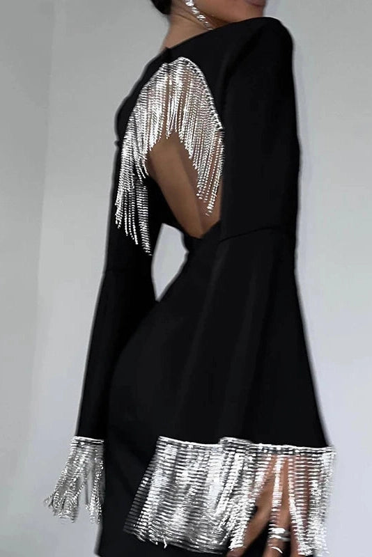 Glorol - Hollow Out Square Collar Patchwork Slim Flare Sleeve Mini Dress