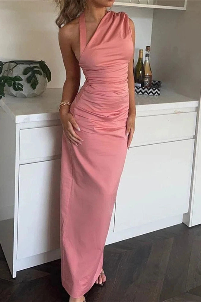 Glorol - Pleated High Waist Slim Backless Maxi Dress