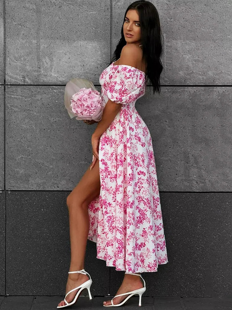 Glorol - Off Shoulder Lace Up Patchwork Print Maxi Dress