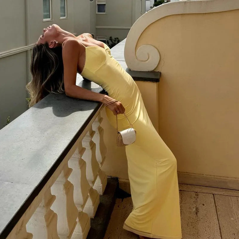 Spaghetti Strap V Neck Backless Slim Maxi Dress