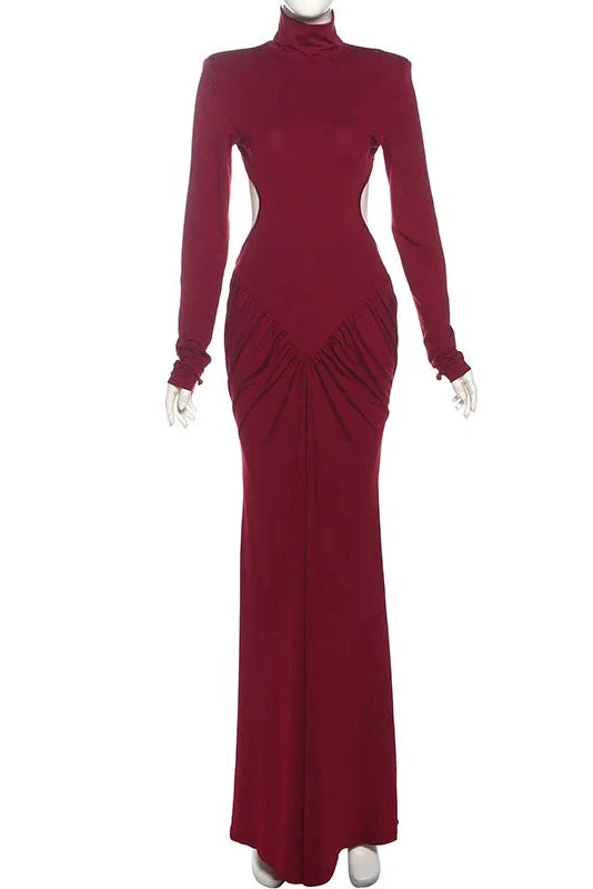 Glorol - Elegant Backless Turtleneck Long Sleeve Maxi Dress