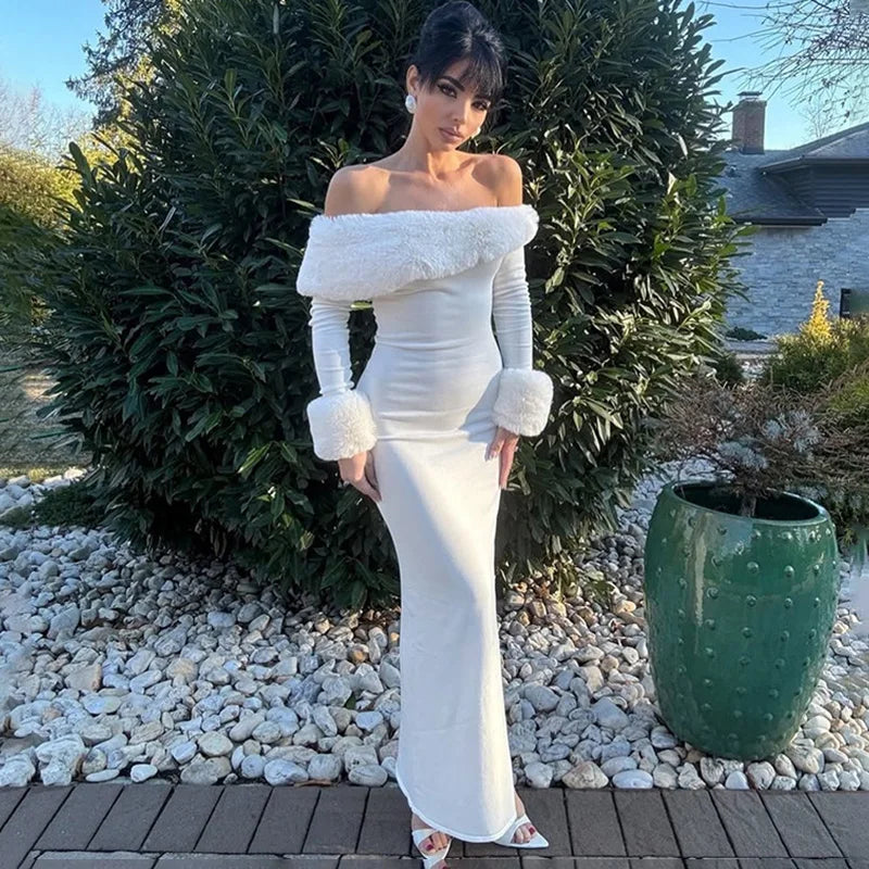 Glorol - Elegant Off Shoulder Patchwork High Waist Maxi Dress