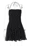 Glorol - Polka Dot High Waist Pleated Sleeveless Printed Slim Mini Dress