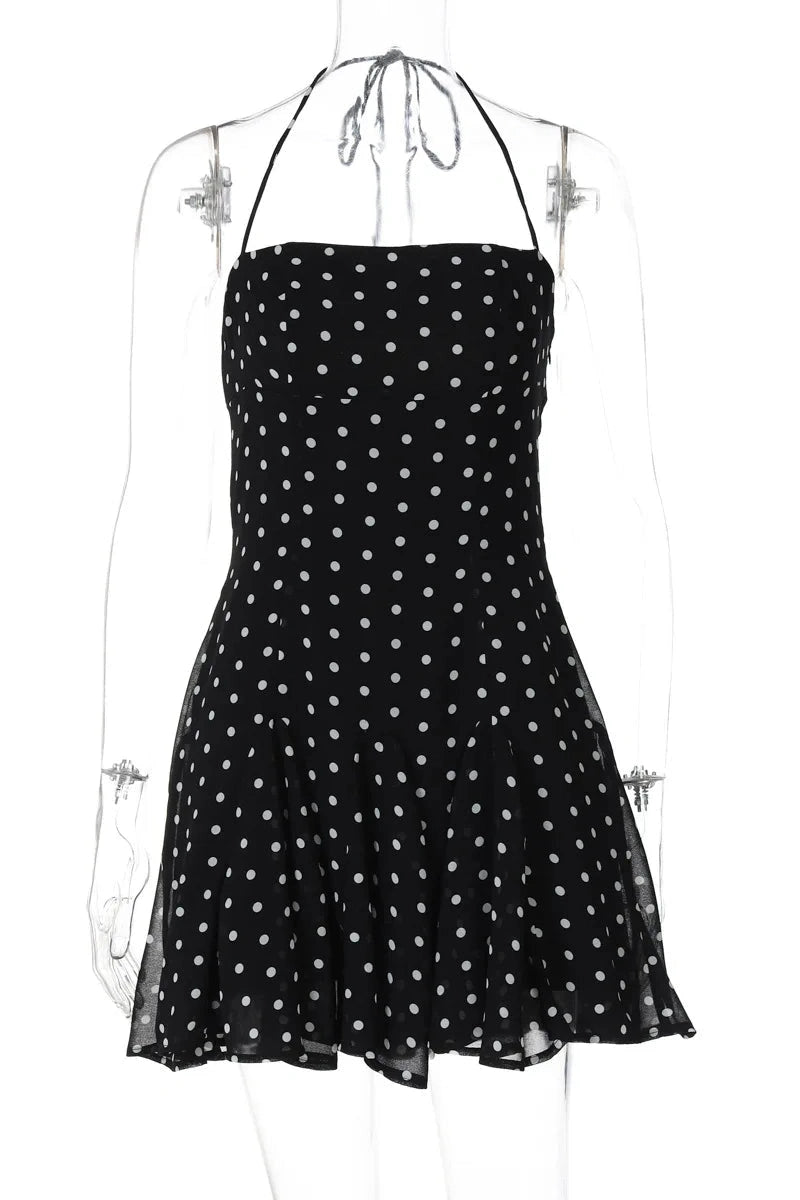 Glorol - Polka Dot High Waist Pleated Sleeveless Printed Slim Mini Dress