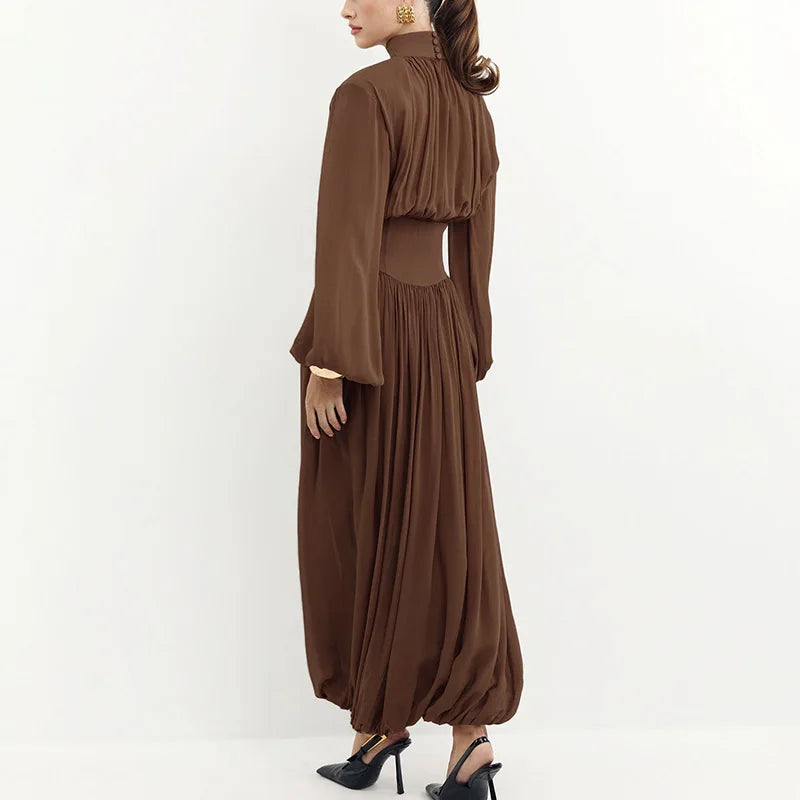 Glorol - Elegant Half High Neck High Waisted Patchwork Maxi Dress