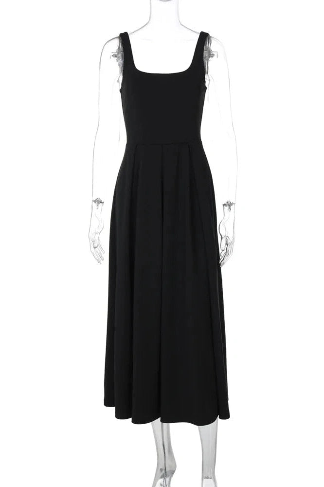 Glorol - Spaghetti Strap Backless High Waist A-line Pleated Maxi Dress