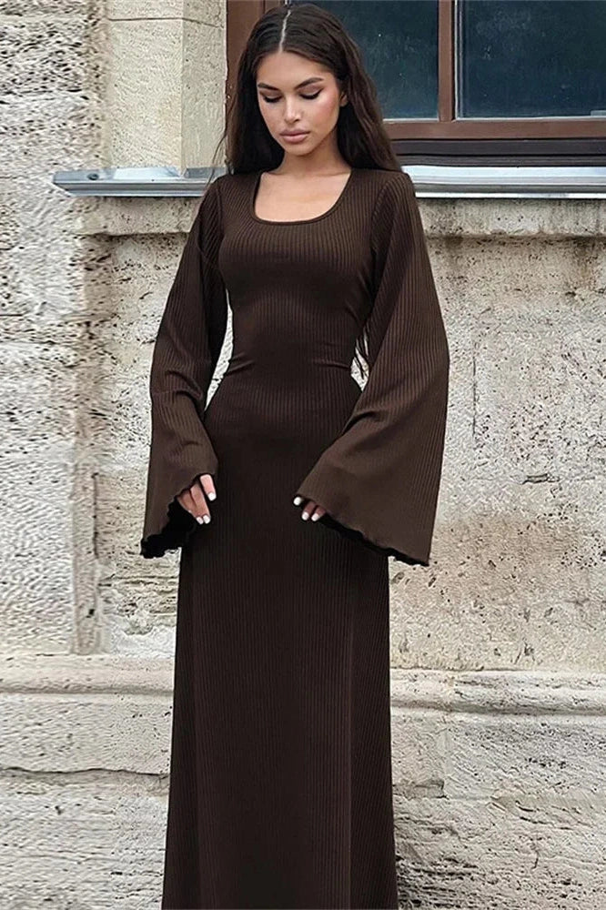 Lace-Up Long Sleeve Slim Loose Maxi Dress