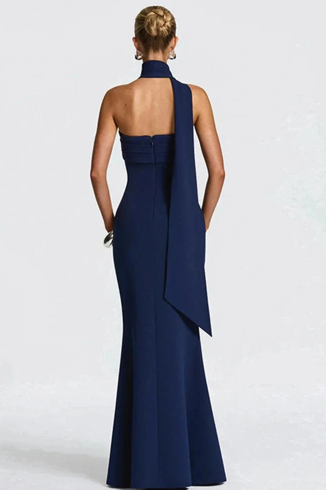 Glorol - Off-Shoulder Strapless Scarf Collar Sleeveless Backless Bodycon Maxi Dress