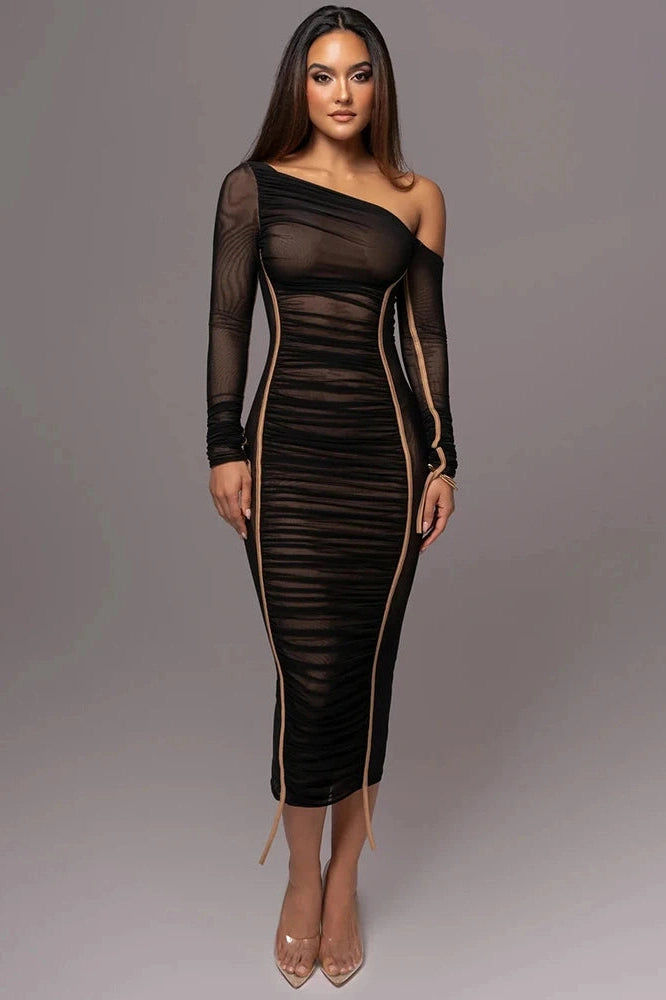 Glorol - Diagonal Collar Long Sleeve Backless Midi Dress