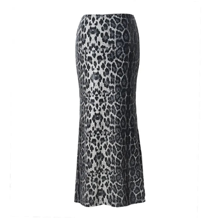 Glorol - Leopard Print Sequin Patchwork Skirt