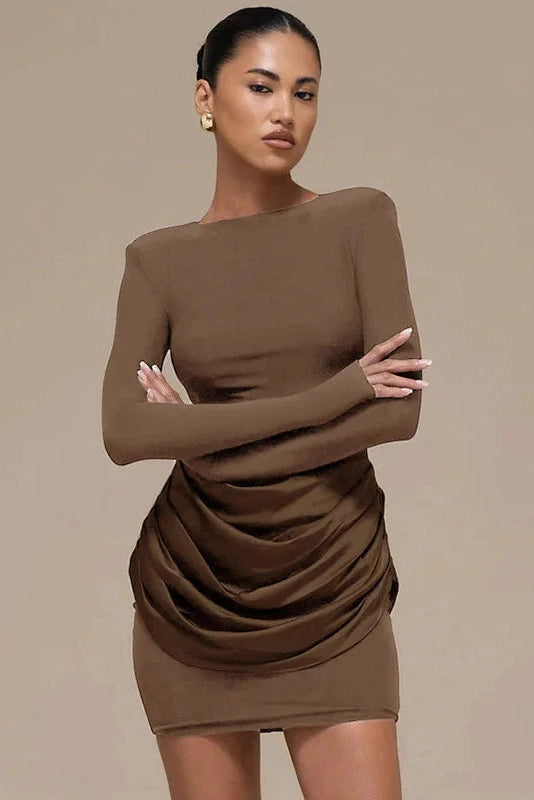 Glorol - Elegant Pleated Slim Round Neck Long Sleeve Mini Dress