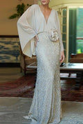 Glorol - Elegant V-Neck Sleeve High Waist Maxi Dress