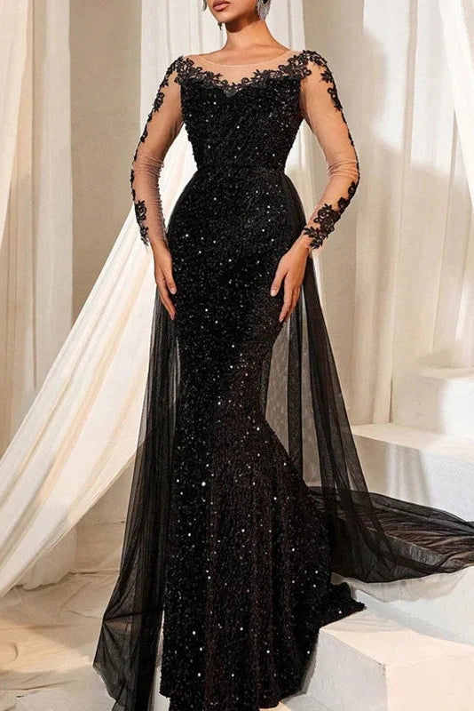 Glorol - Elegant High Waist Long Sleeve Slim V-Neck Lace Maxi Dress