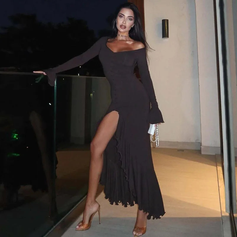 Glorol - Elegant V-Neck Patchwork Long Sleeve Split Maxi Dress