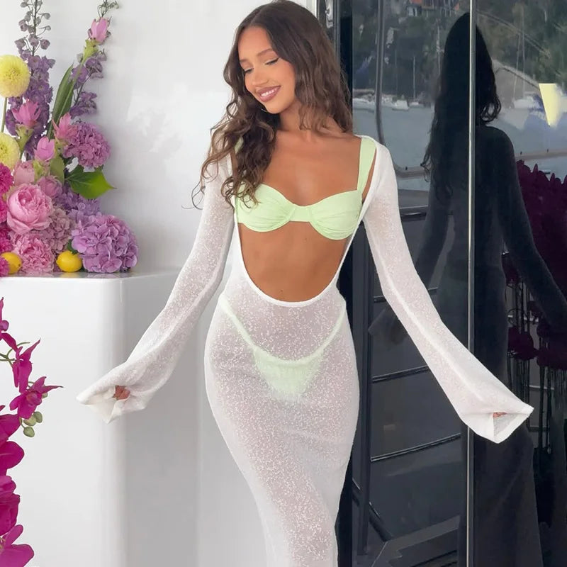 Glorol - Backless See Through Patchwork Maxi Dress