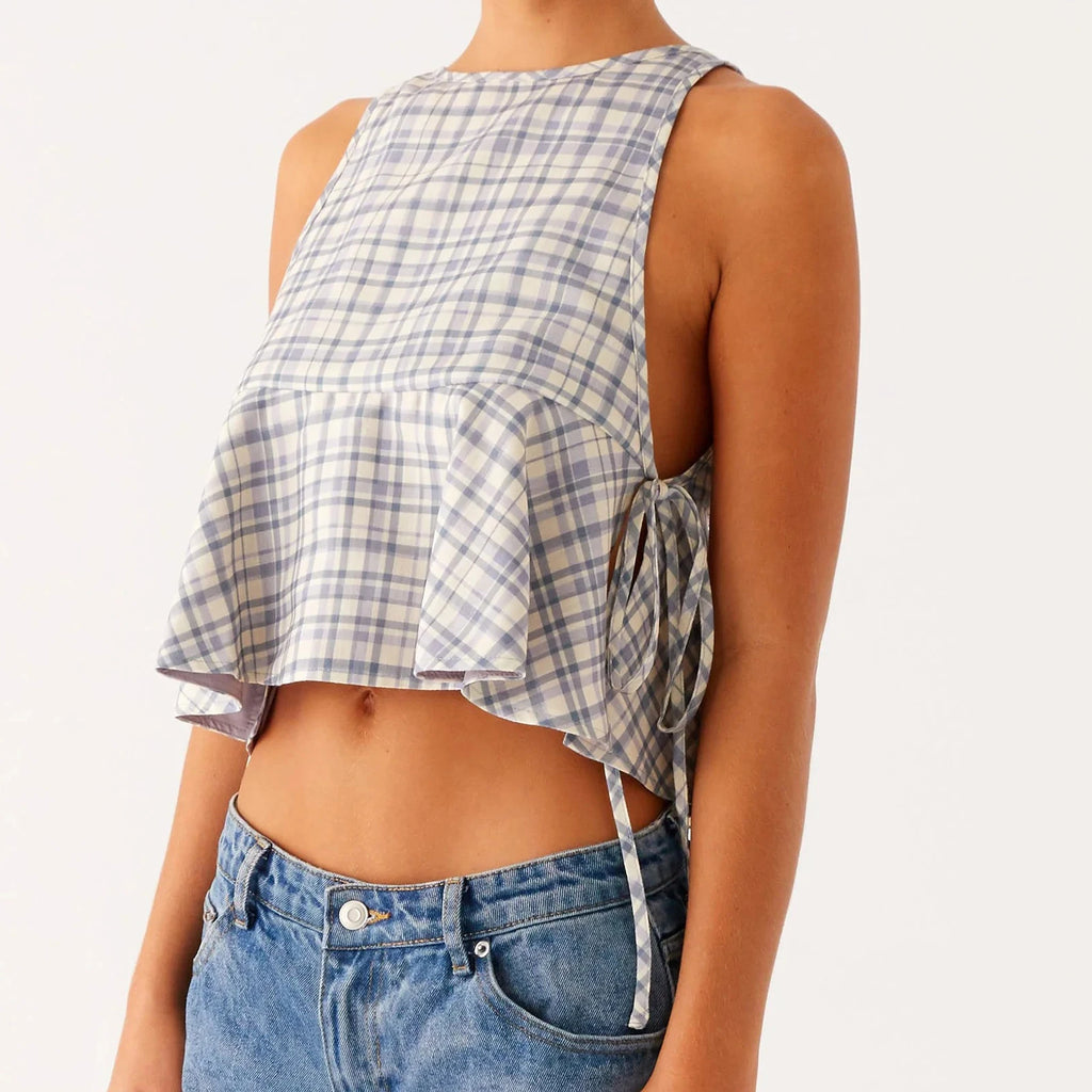 Glorol - Plaid Print Sleeveless Round Neck Tie-Up Top