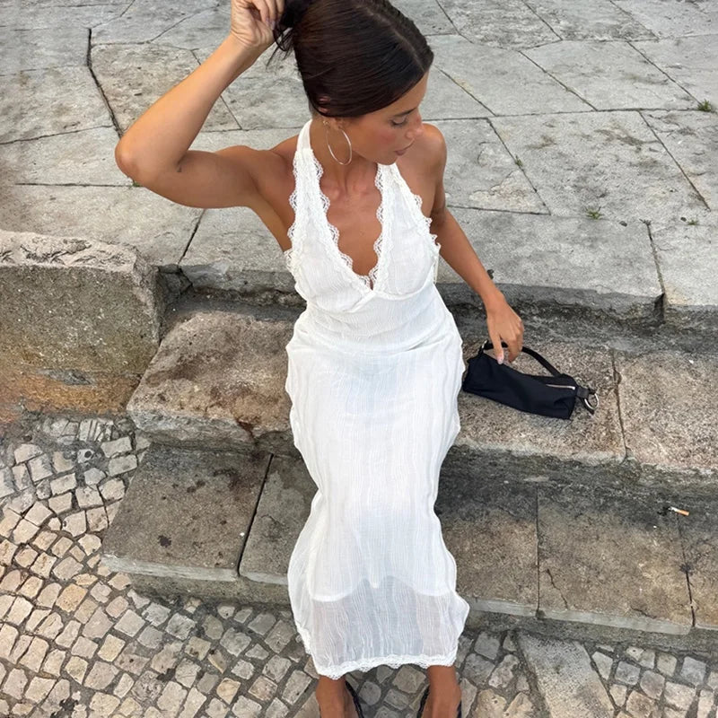 Glorol - Lace Up Patchwork Backless Sleeveless Maxi Dress