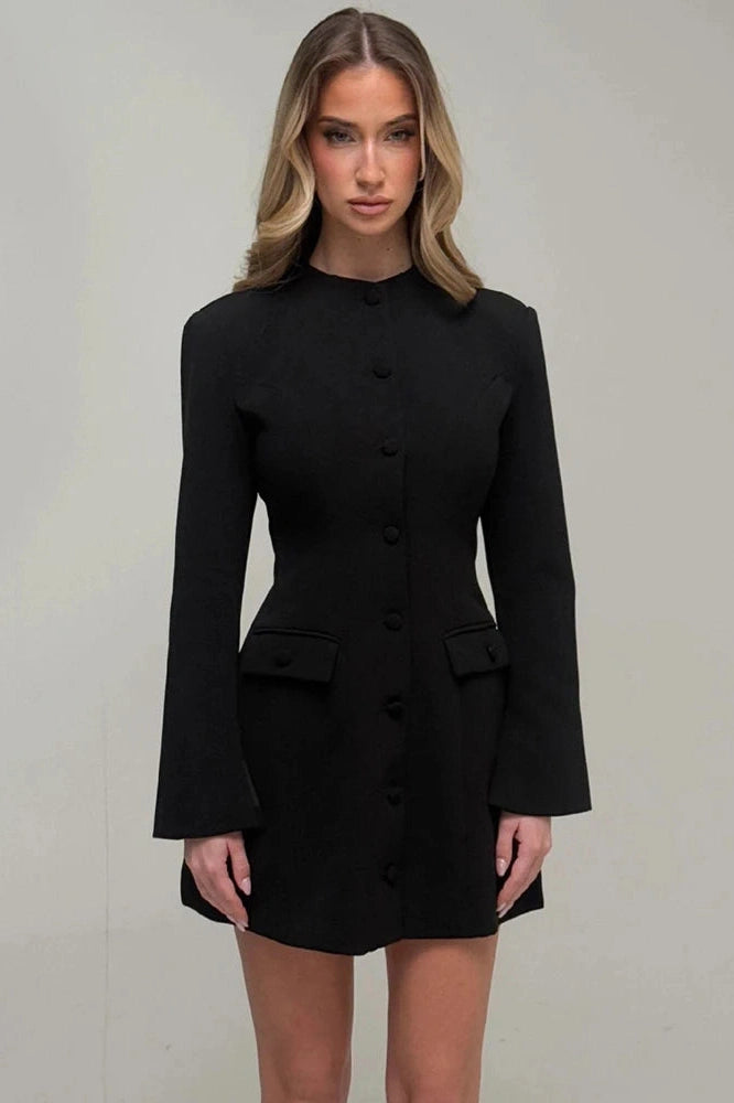 Glorol - Long Sleeve Single-Breasted High Waist A-line Mini Dress