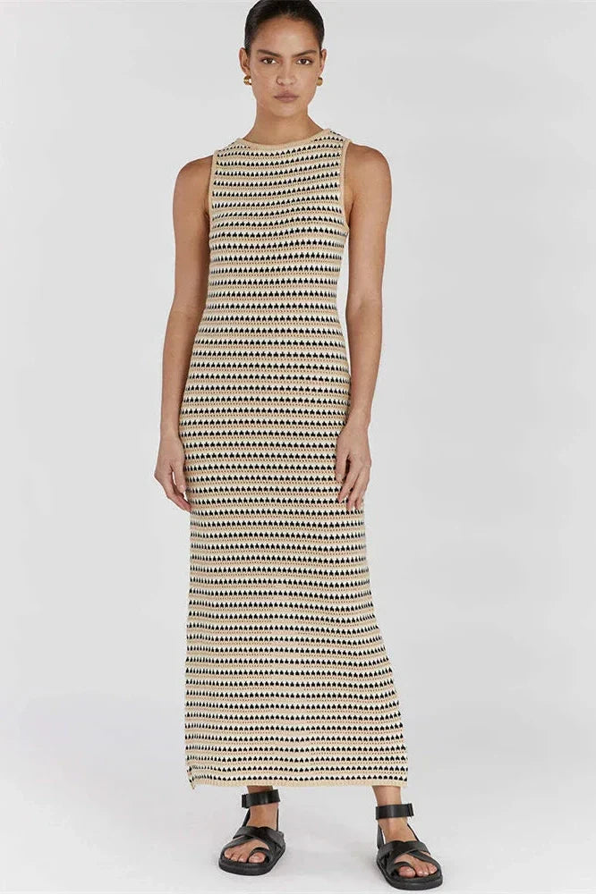 Striped See-Through Sleeveless High Waist Patchwork Maxi Dress