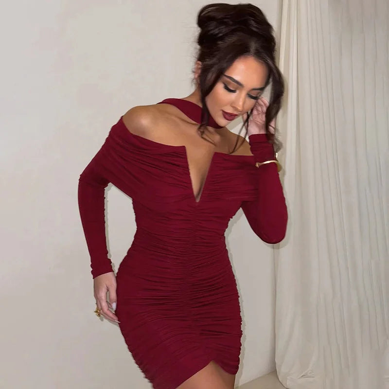 Glorol - Off-Shoulder Scarf Ribbon Long Sleeve Mini Dress